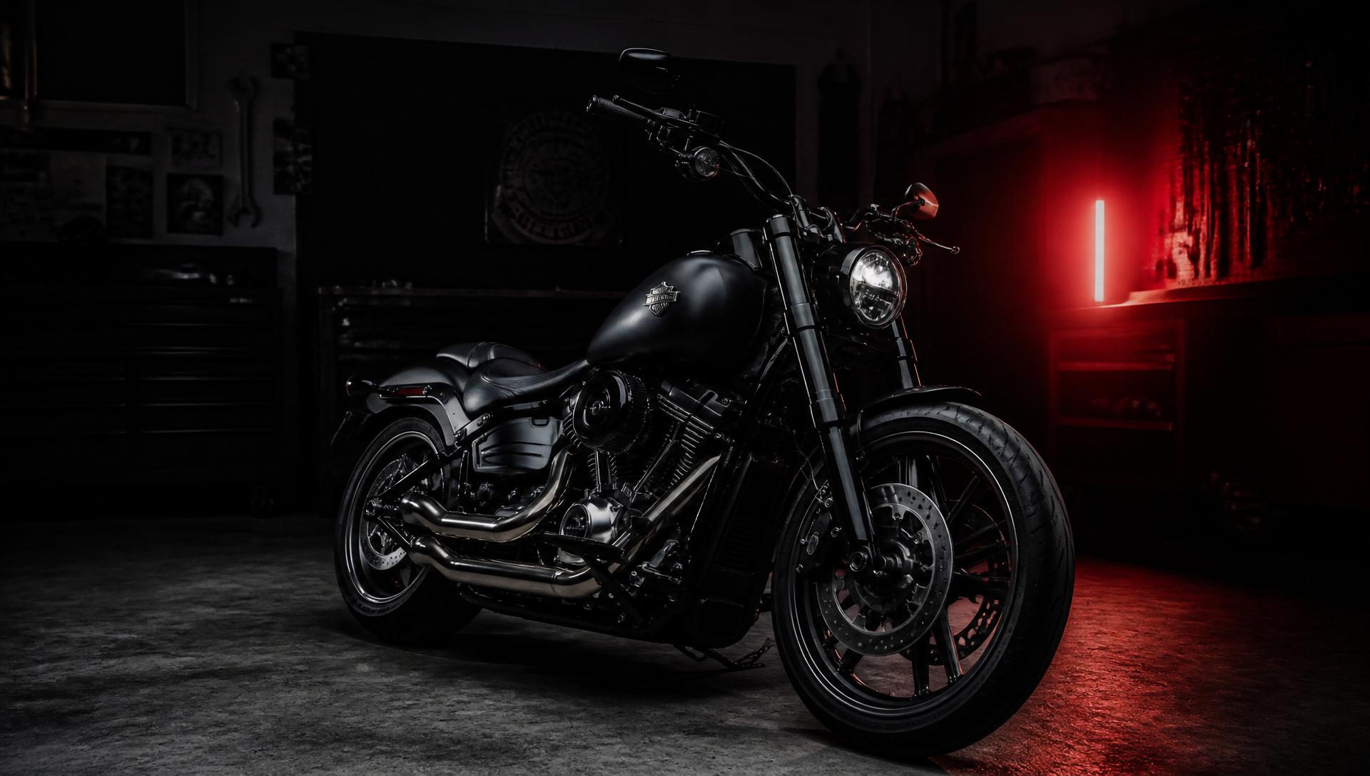Motorrad in dunkler Werkstatt mit rotem Licht